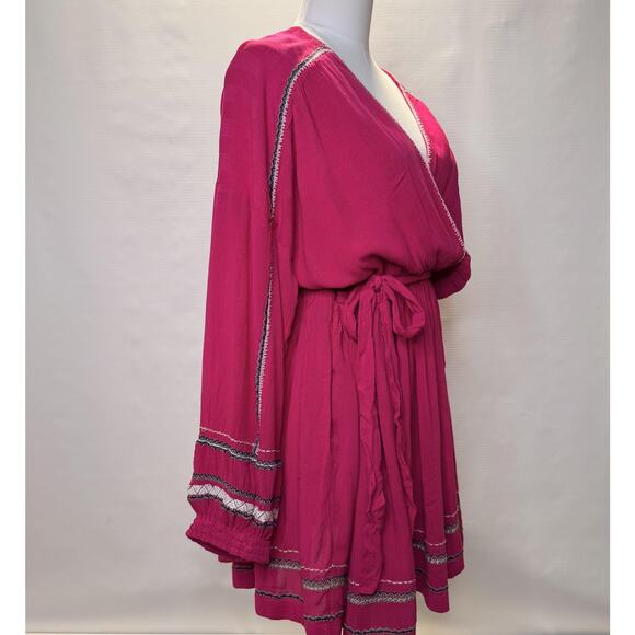 Free People Dress Womens Small Malibu Pink Wrap Boho Embroidered Mini OB1140508 - Picture 2 of 12